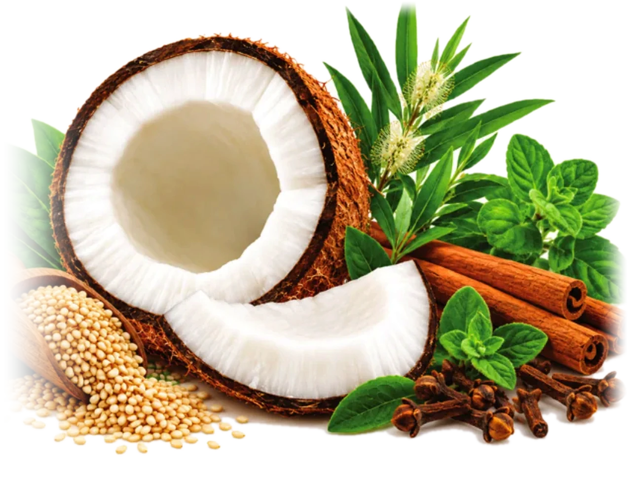 Coconut, sesame, cinnamon, mint, clove, tea tree and oregano