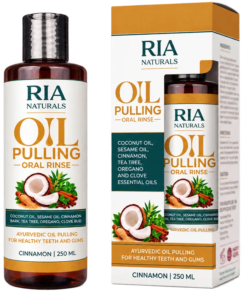 Ria Naturals Oil Pulling Oral Rinse, Cinnamon, bottle and box