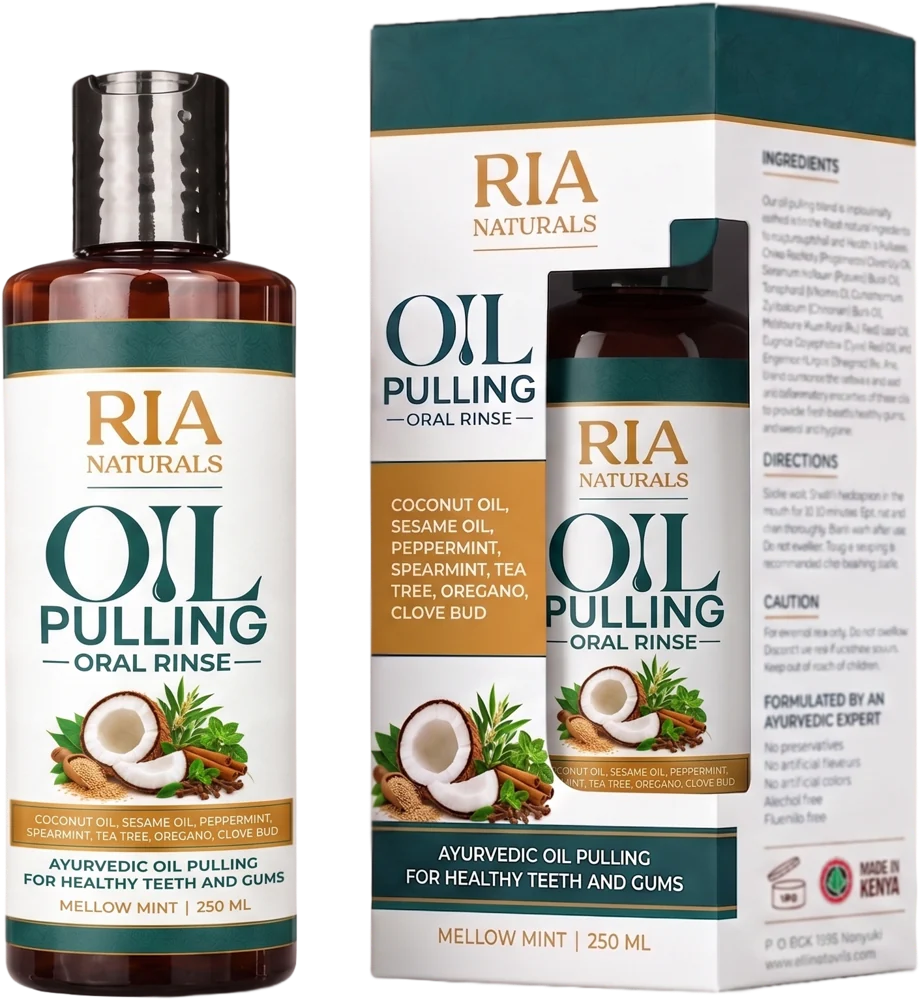 Ria Naturals Oil Pulling Oral Rinse, Mellow Mint, bottle and box